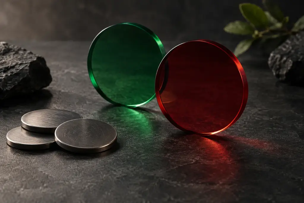 Red and green glass with blank tokens illustrating a comparison