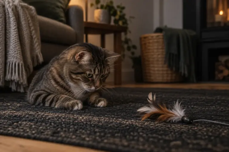 Tabby cat with a feather toy