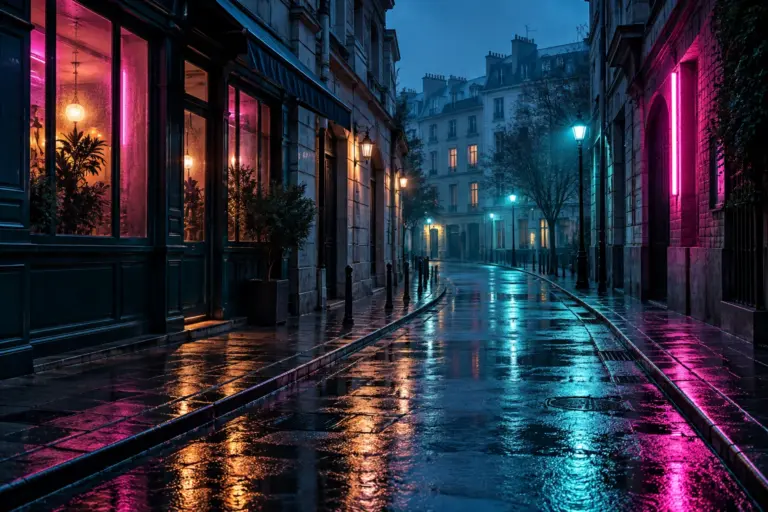 Imagined rainy city alley with colorful reflections