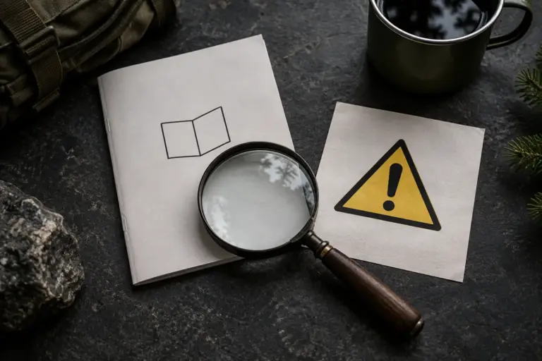 Magnifying glass, instruction book and warning symbol