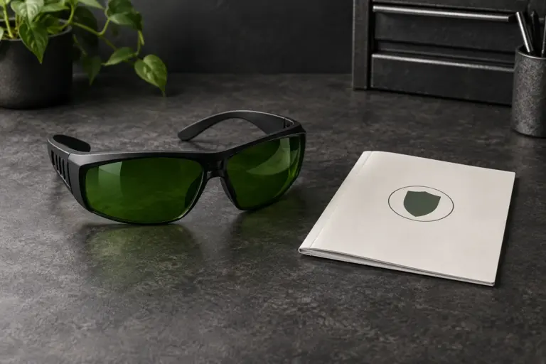 Eyewear and an instruction booklet illustrating safety precautions