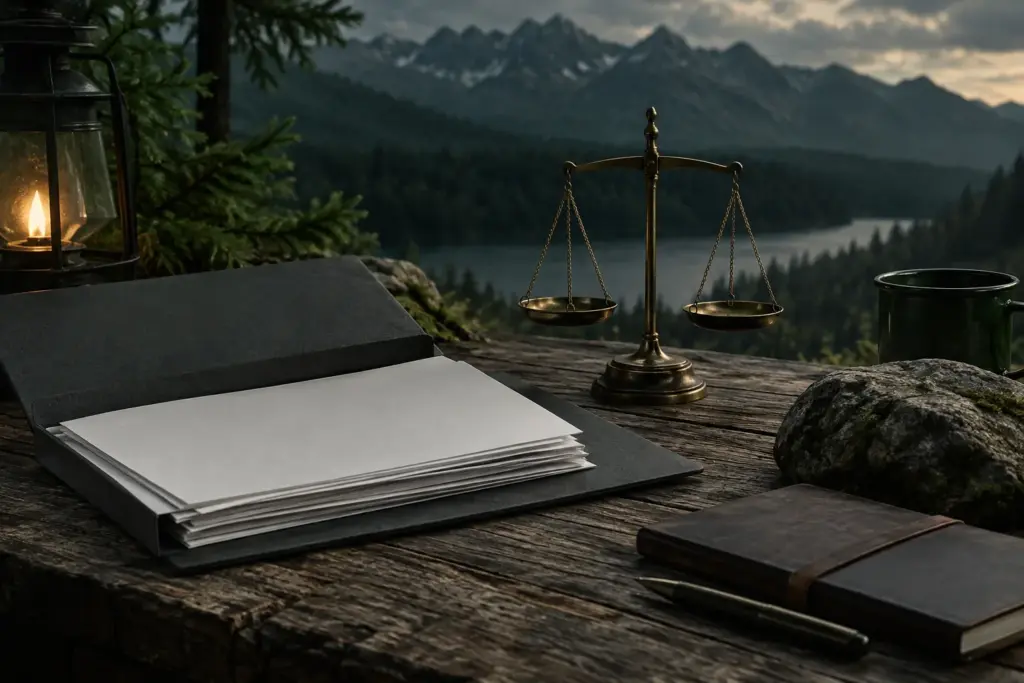 Documents and a balance scale illustrating rules and responsibility