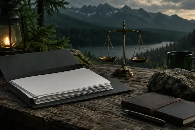 Documents and a balance scale illustrating rules and responsibility