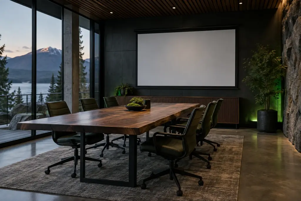 Empty meeting room with a presentation screen